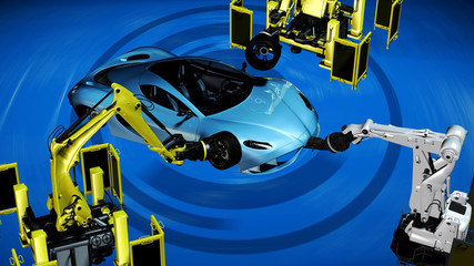 Vollautomatische Radmontage an einem Sportwagen