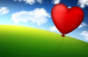Naklejka na ściany i meble Red heart balloon in sky.