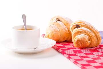 Breakfast with coffee and croissants on table