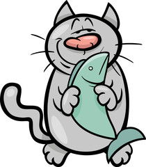 happy cat with fish cartoon