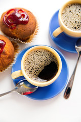 hot coffee and cake in morning. Soft vintage colors