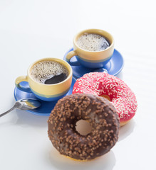 hot coffee and donut in morning. Soft vintage colors