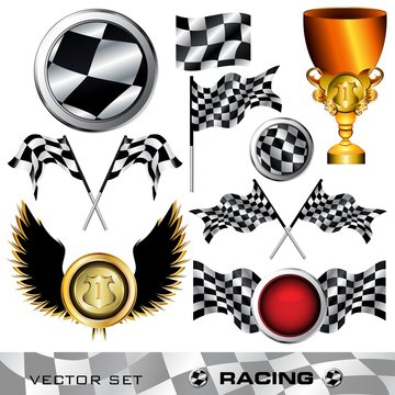 racing set of Checkered flags buttons and thropy set vector