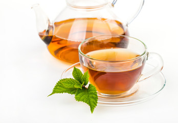 Tea composition with mint leaf on white
