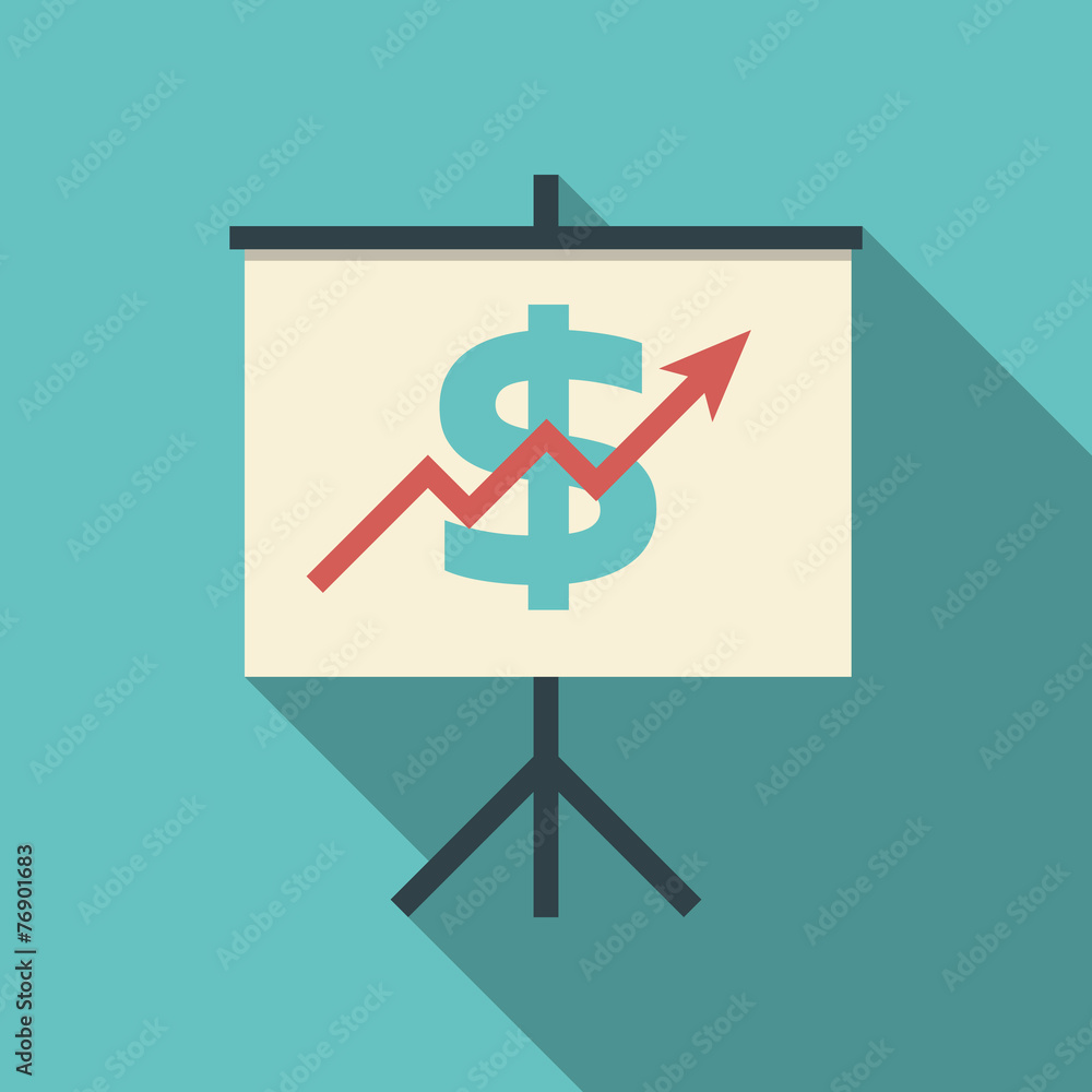 Poster presentation on flipchart with dollar sign and growing graph in