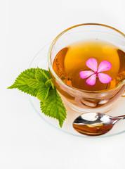 Glass Cup Tea with Mint Leaf and pink flower, Isolated on White