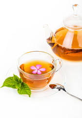 Tea composition with mint leaf on white
