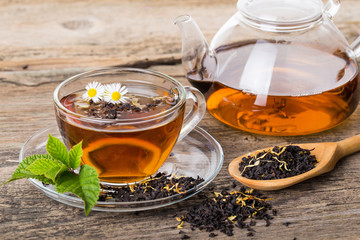 Tea composition with mint leaf on wooden palette