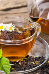 Tea composition with mint leaf on wooden palette