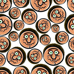 Faces seamless background, vector cartoon style pattern, hand dr