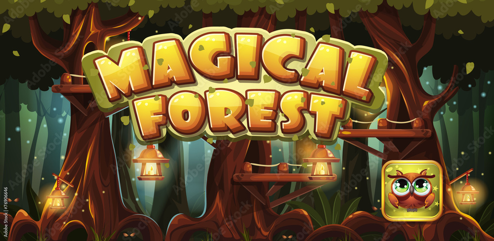 Poster set banner and icon for the computer game magic forest