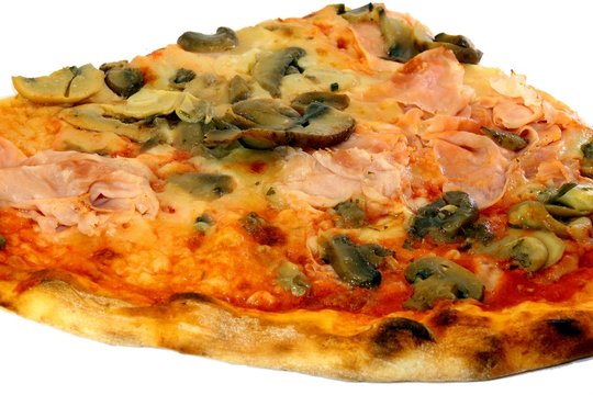 tasty pizza with mozzarella tomato ham mushrooms