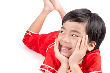 Cute Asian Boy In Tradition Chinese Cheongsam Isolated On White