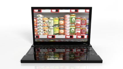 Online shopping concept with laptop and can food products