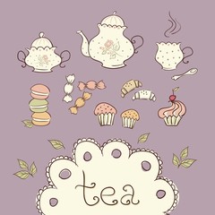 Tea and sweets doodle icons.