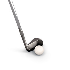 Golf club and golf ball on white