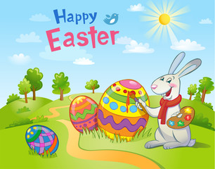 Cute Easter Bunny painting an egg