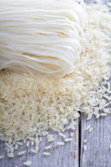 Dry rice and noodles on the table