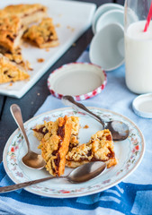 pieces of cake on a shortcrust pastry with orange jam