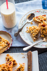 pieces of sweet cake on short pastry with orange jam