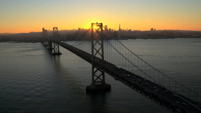 Aerial sunset view Oakland Bay Bridge, San Francisco, USA