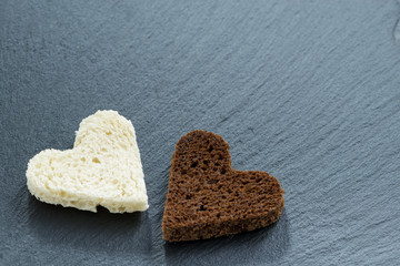 toasted rye and white bread in the form of heart