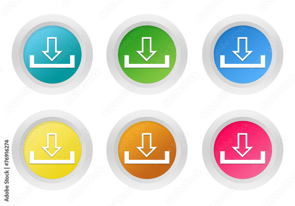 Poster set of rounded colorful buttons with download symbol