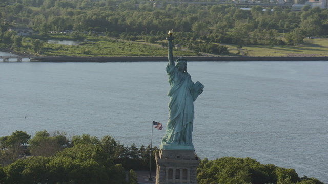 Aerial New York Manhattan Statue of Liberty River boat USA 