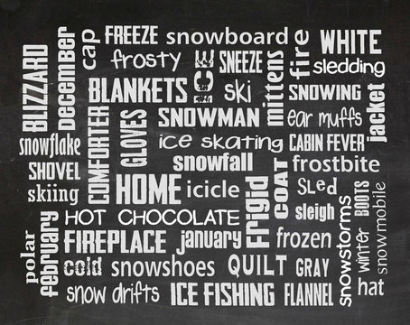 winter word art collage on black chalkboard