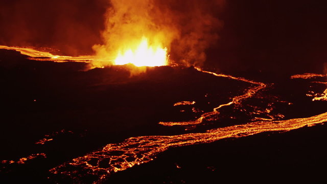 Aerial Night Volcano Lava Holuhraun Seismic Activity Land Fissures Iceland 