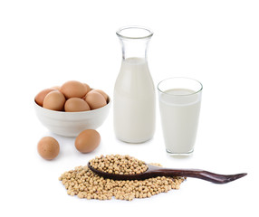 protein from eggs , soybeans and milk isolate on white