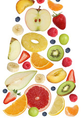 Fallende Früchte wie Orange Frucht, Apfel, Banane und Erdbeere
