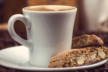 Italian style breakfast, coffee with almond biscuits