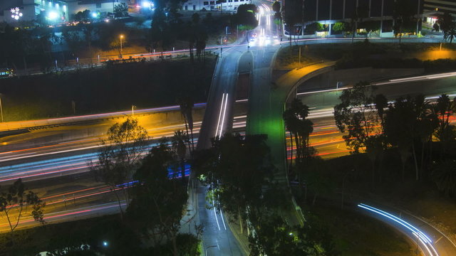 Time lapse Los Angeles night City commuter elevated traffic Highway Skyscrapers, USA