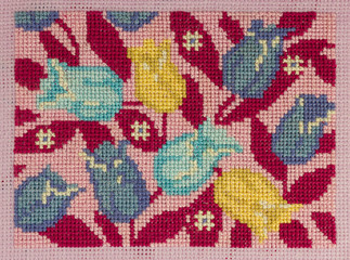 Handmade cross-stitch "Tulips on pink background"