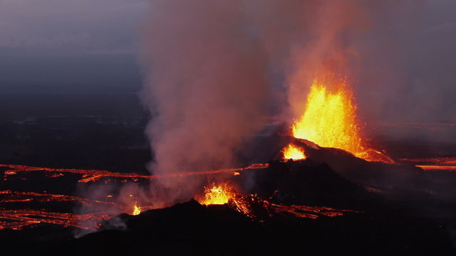 Aerial Night Volcano Lava Holuhraun Seismic Activity Land Fissures Iceland 