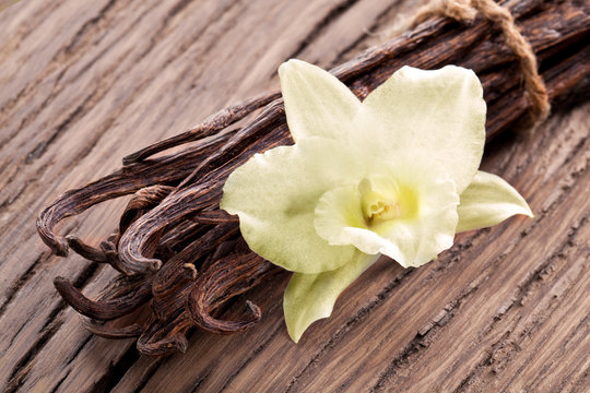 Bunch of vanilla sticks and flower on old wood.