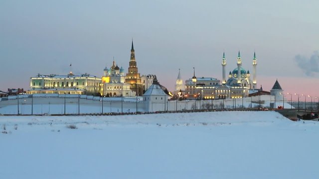 Lenin dam and Kazan Kremlin in winter evening