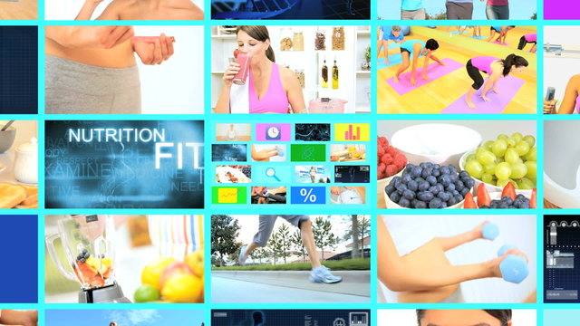 3D video montage wall Multi ethnic healthy yoga lifestyle app motion graphics