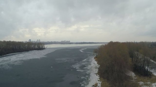 2.7K Aerial view of the frozen river