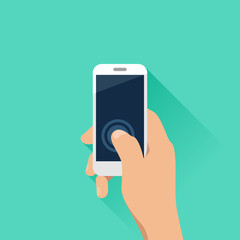 Hand holding mobile phone in flat design style