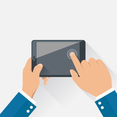 Hands holding digital tablet in flat design style