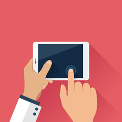 Hands holding digital tablet in flat design style