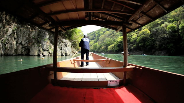 Riverboat Katsura River tourists travel Arashiyama Kyoto Japan Asia