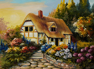 Oil painting of fairy house, art work