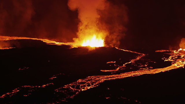 Aerial Night Volcano Lava Holuhraun Seismic Activity Land Fissures Iceland 