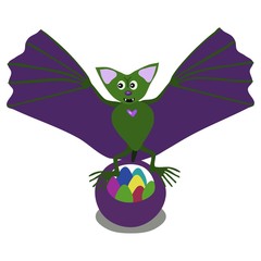 Bat flapping its green wings over a basket of easter eggs.