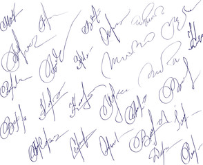 Collection of fictitious contract signatures. Autograph illustra - obrazy, fototapety, plakaty