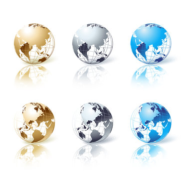 Set of silver, gold and blue isolated globe