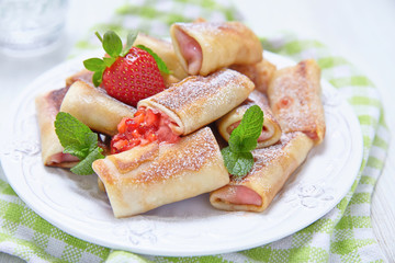 Fresh Strawberry French Crepes with Mint for Breakfast